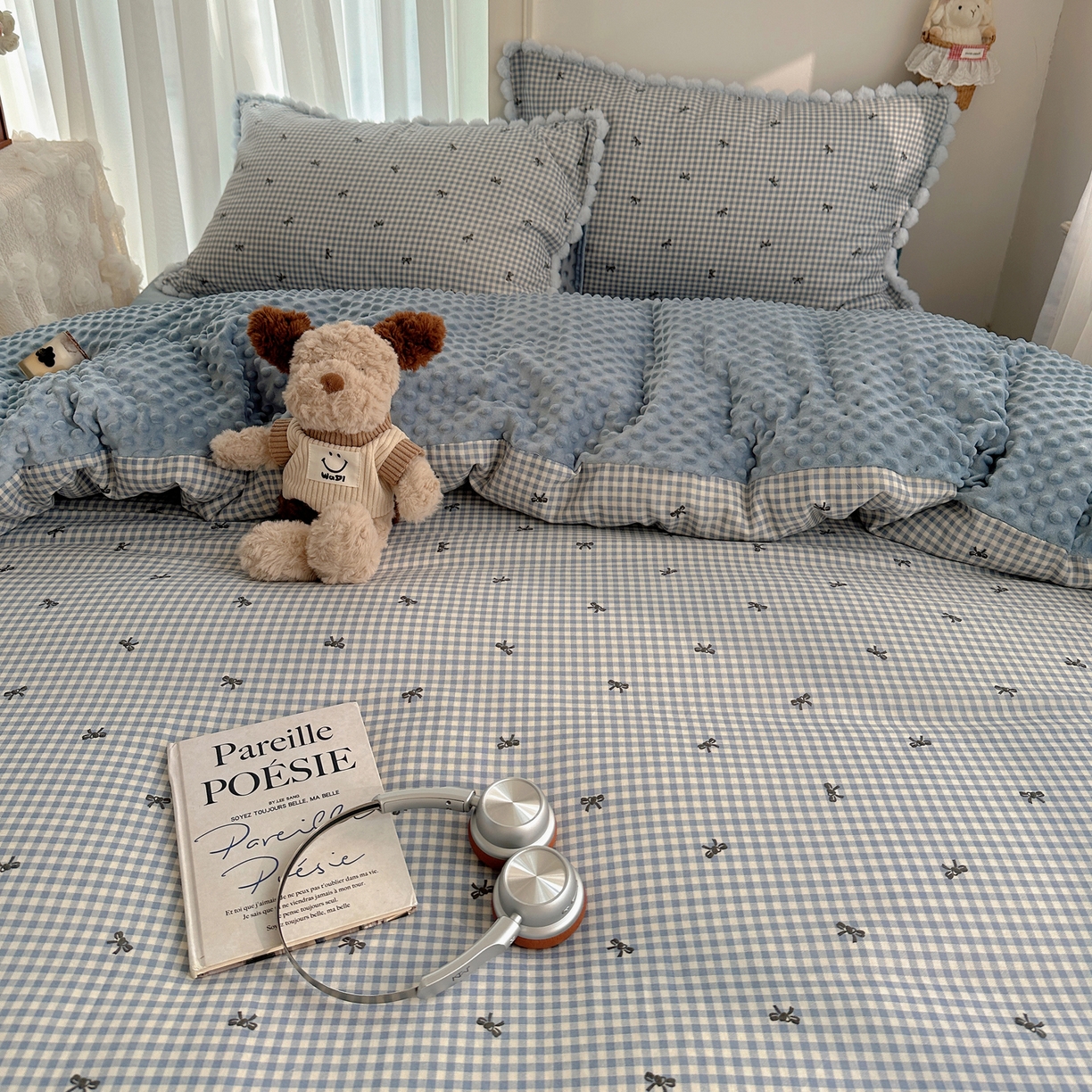 91家纺网 家纺一手货源 找家纺 Sweet dreams甜梦 2025新款双层纱豆豆绒棉加绒四件套 千颂伊蓝