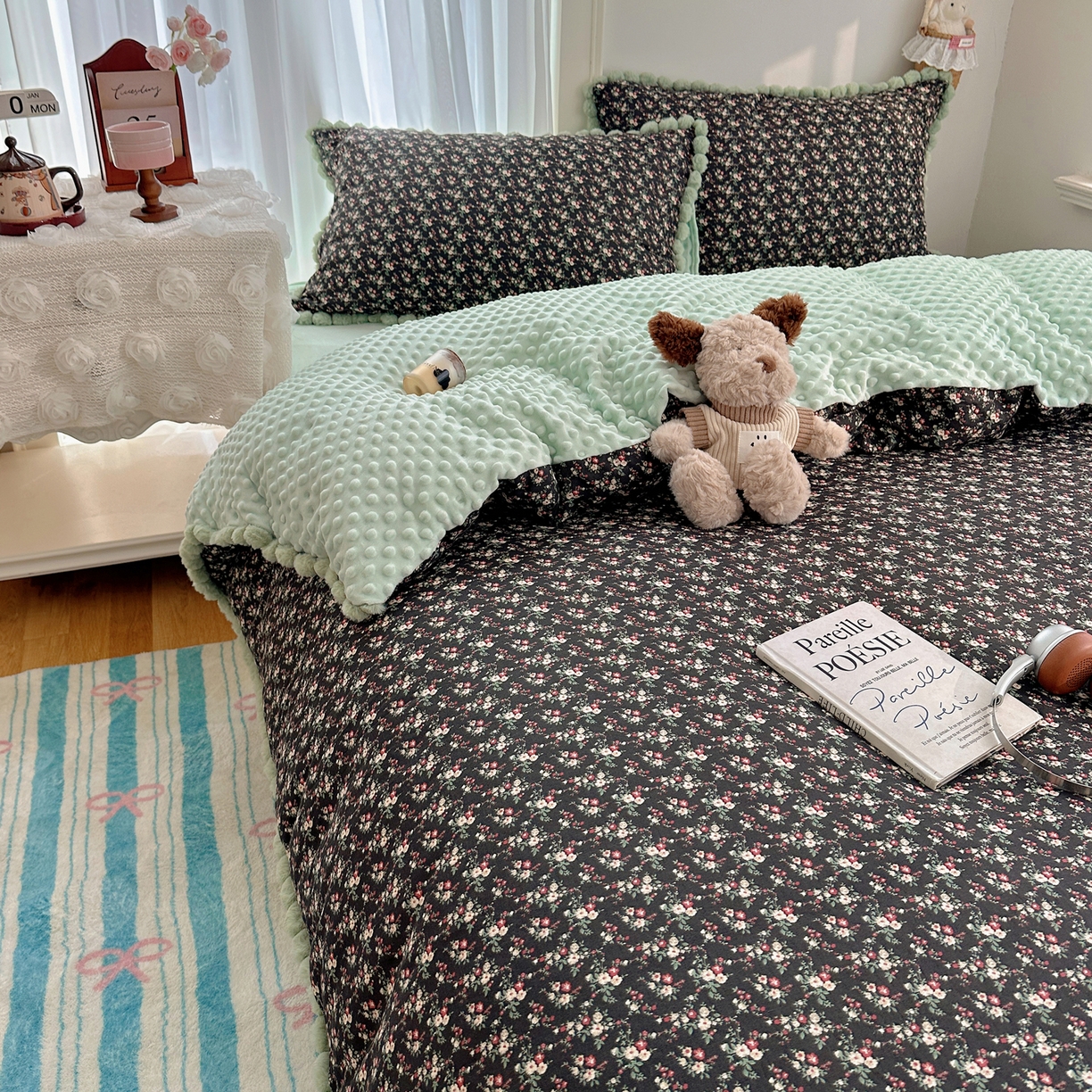 91家纺网 家纺一手货源 找家纺 Sweet dreams甜梦 2025新款双层纱豆豆绒棉加绒四件套 绘梨黑