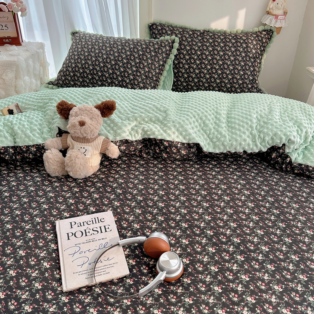 91家纺网 家纺一手货源 找家纺 Sweet dreams甜梦 2025新款双层纱豆豆绒棉加绒四件套 绘梨黑