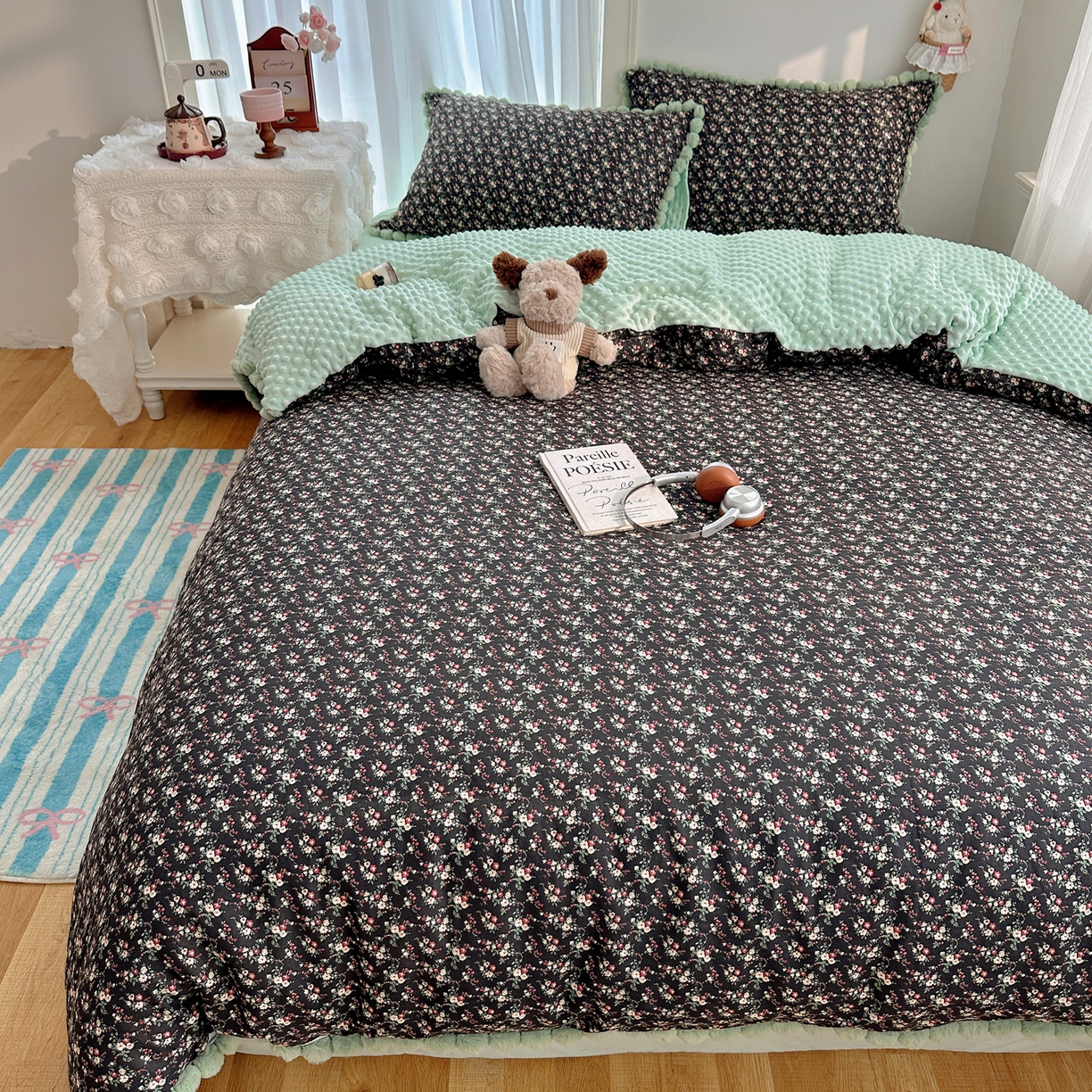 91家纺网 家纺一手货源 找家纺 Sweet dreams甜梦 2025新款双层纱豆豆绒棉加绒四件套 绘梨黑