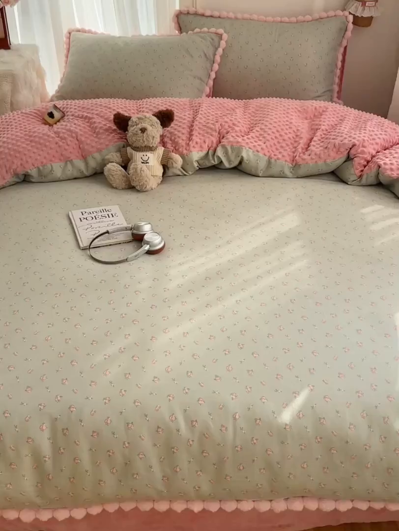 91家纺网 家纺一手货源 找家纺 Sweet dreams甜梦 2025新款双层纱豆豆绒棉加绒四件套 水蜜桃