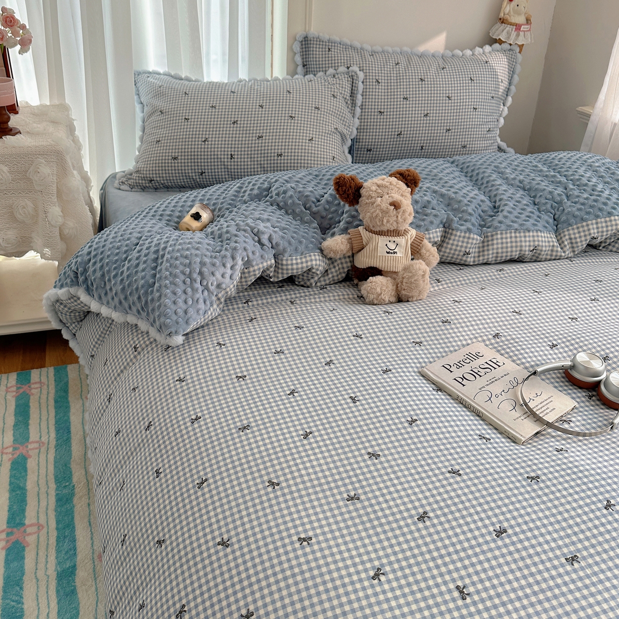 91家纺网 家纺一手货源 找家纺 Sweet dreams甜梦 2025新款双层纱豆豆绒棉加绒四件套 千颂伊蓝