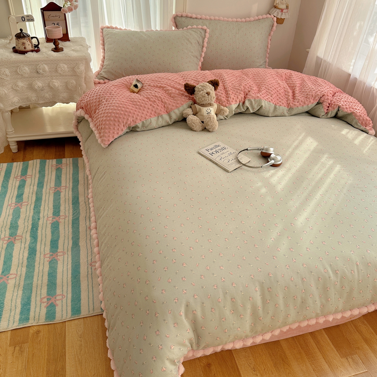 91家纺网 家纺一手货源 找家纺 Sweet dreams甜梦 2025新款双层纱豆豆绒棉加绒四件套 水蜜桃