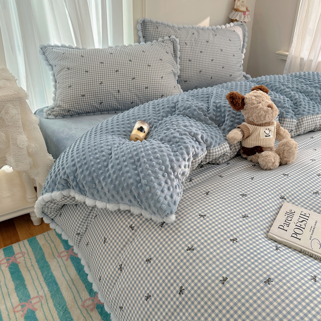 91家纺网 家纺一手货源 找家纺 Sweet dreams甜梦 2025新款双层纱豆豆绒棉加绒四件套 千颂伊蓝