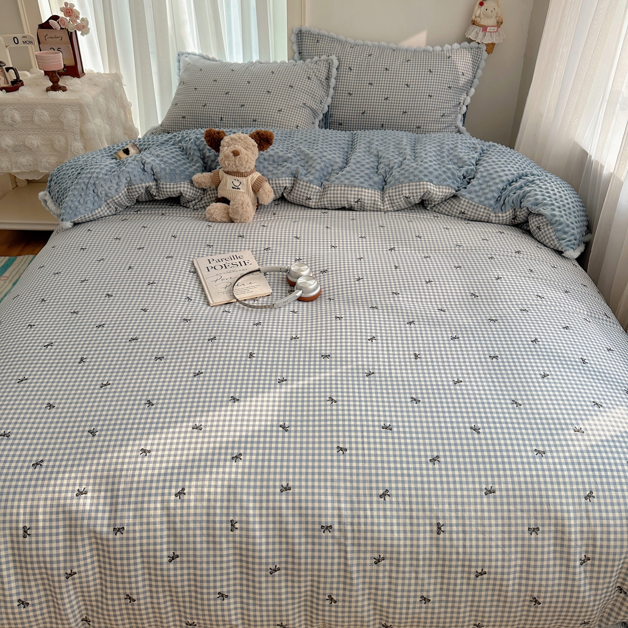 91家纺网 家纺一手货源 找家纺 Sweet dreams甜梦 2025新款双层纱豆豆绒棉加绒四件套 千颂伊蓝