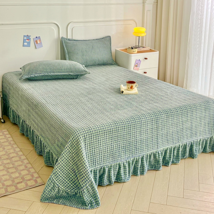 91家纺网 家纺一手货源 找家纺 尚美 2025爆款格子系列印加绣牛奶绒床盖四件套 兰格猫咪