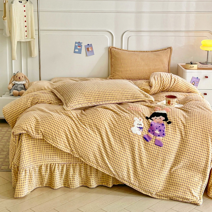 尚美 2025爆款格子系列印加绣牛奶绒床盖四件套 格格公主