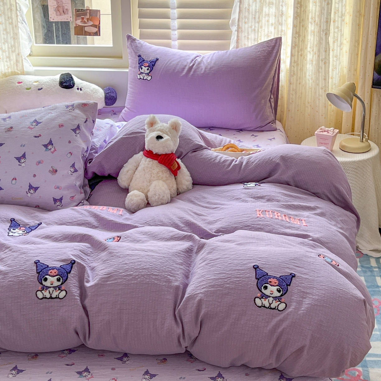 91家纺网 家纺一手货源 找家纺 童颜 2025新款三丽鸥正版授权云感木棉a类毛巾绣四件套 紫洛米