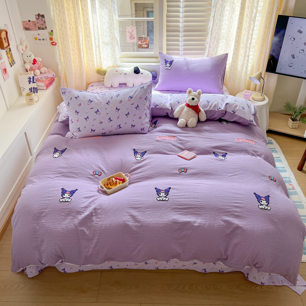 91家纺网 家纺一手货源 找家纺 童颜 2025新款三丽鸥正版授权云感木棉a类毛巾绣四件套 紫洛米