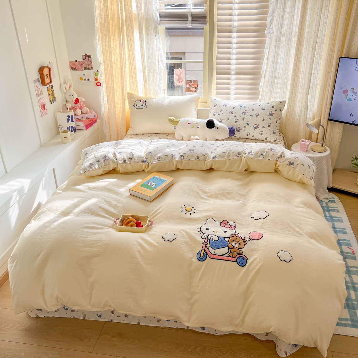 91家纺网 家纺一手货源 找家纺 童颜 2025新款三丽鸥正版授权云感木棉a类毛巾绣四件套 滑板KT