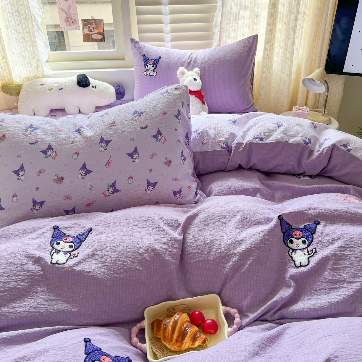 91家纺网 家纺一手货源 找家纺 童颜 2025新款三丽鸥正版授权云感木棉a类毛巾绣四件套 紫洛米