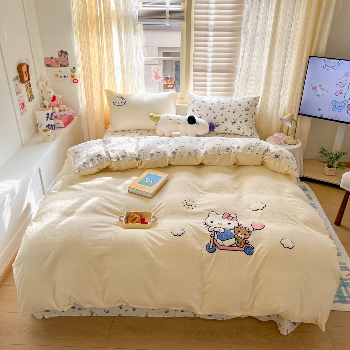 91家纺网 家纺一手货源 找家纺 童颜 2025新款三丽鸥正版授权云感木棉a类毛巾绣四件套 滑板KT