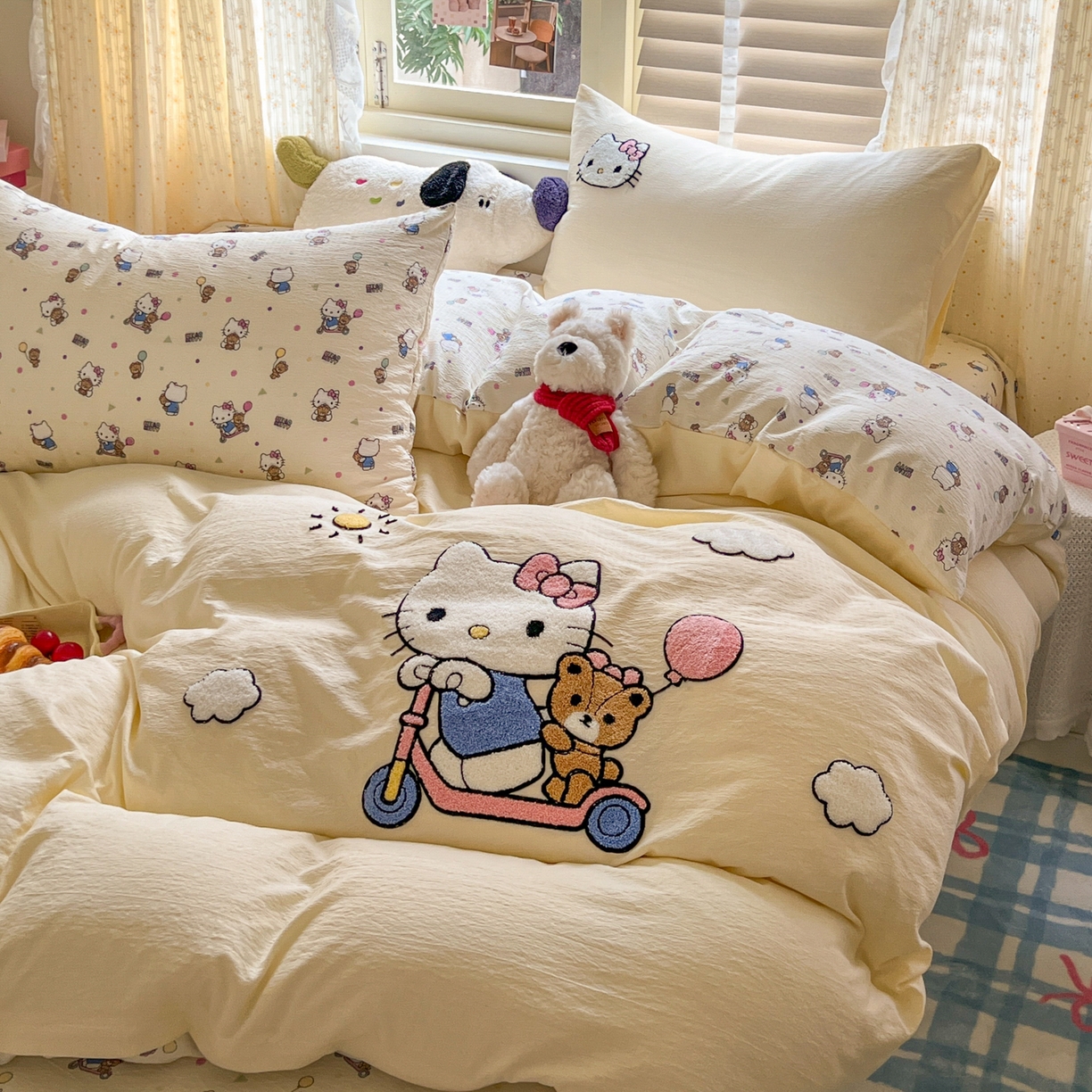 91家纺网 家纺一手货源 找家纺 童颜 2025新款三丽鸥正版授权云感木棉a类毛巾绣四件套 滑板KT