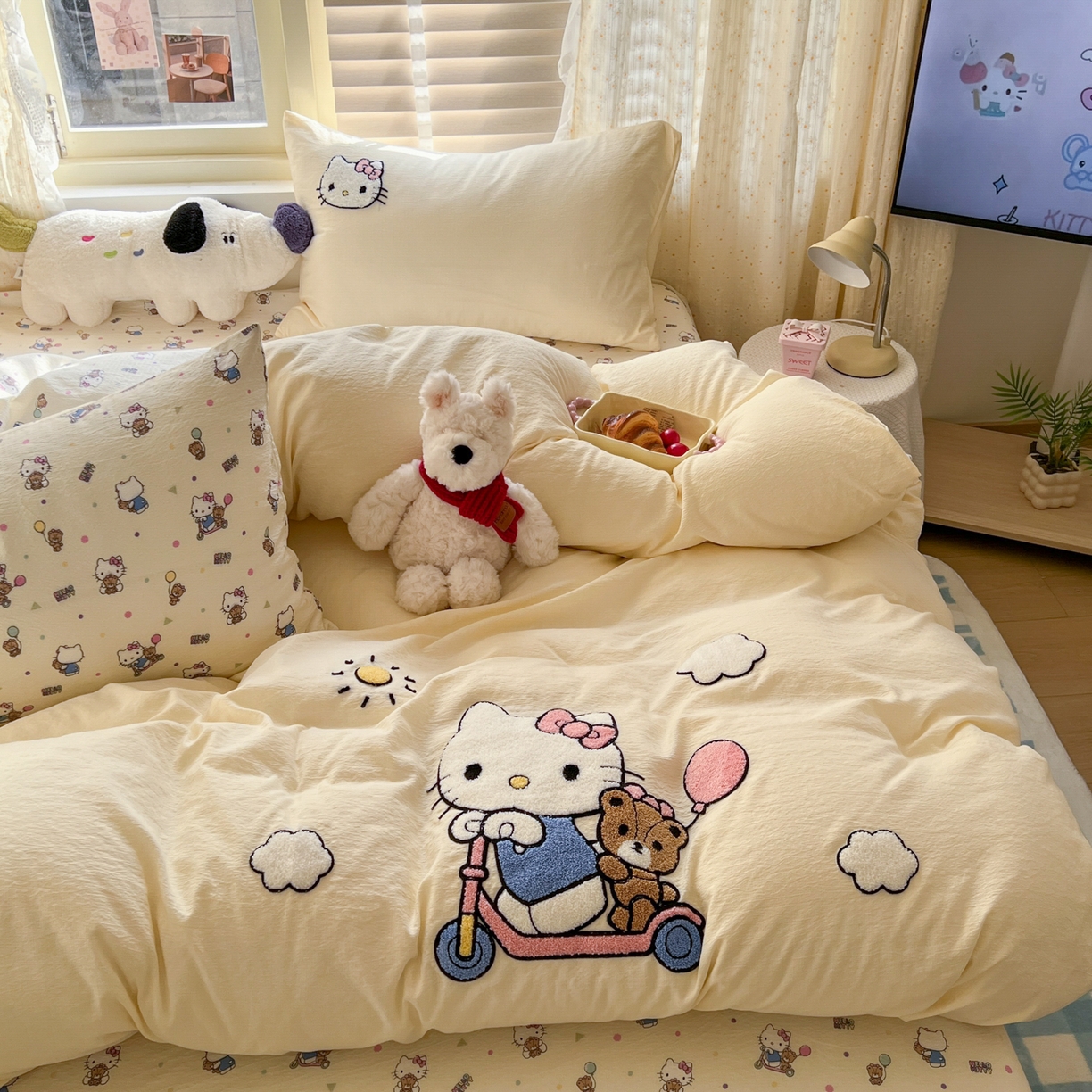 91家纺网 家纺一手货源 找家纺 童颜 2025新款三丽鸥正版授权云感木棉a类毛巾绣四件套 滑板KT