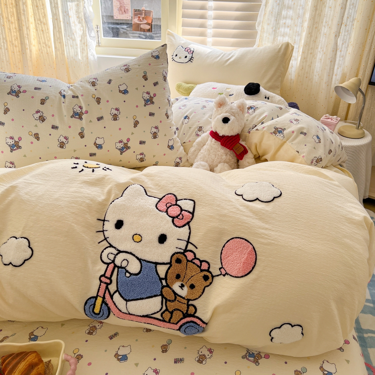 91家纺网 家纺一手货源 找家纺 童颜 2025新款三丽鸥正版授权云感木棉a类毛巾绣四件套 滑板KT