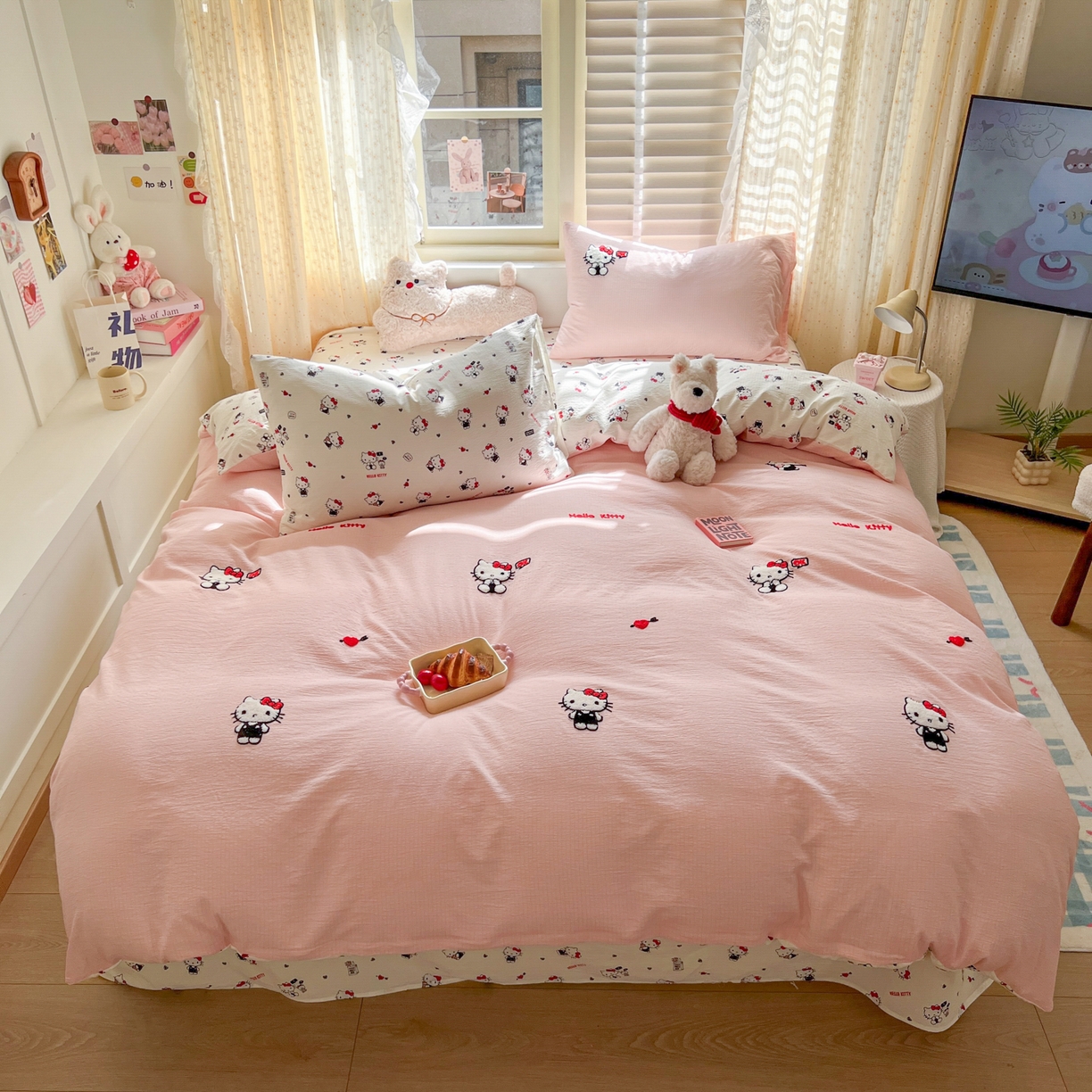 91家纺网 家纺一手货源 找家纺 童颜 2025新款三丽鸥正版授权云感木棉a类毛巾绣四件套 哈喽KT