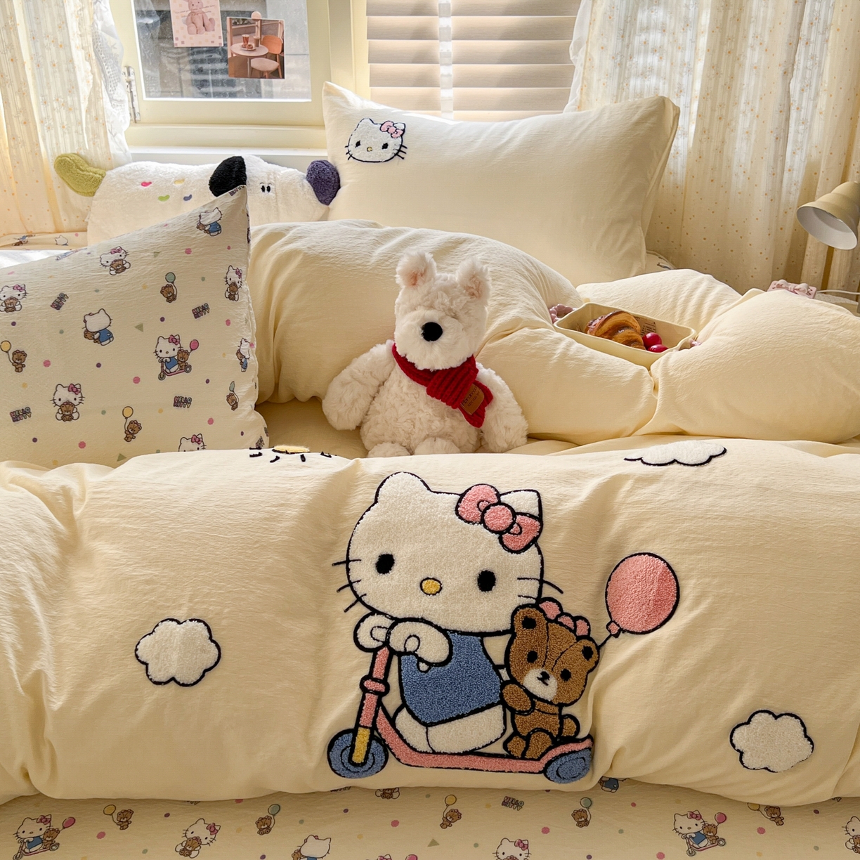 91家纺网 家纺一手货源 找家纺 童颜 2025新款三丽鸥正版授权云感木棉a类毛巾绣四件套 滑板KT