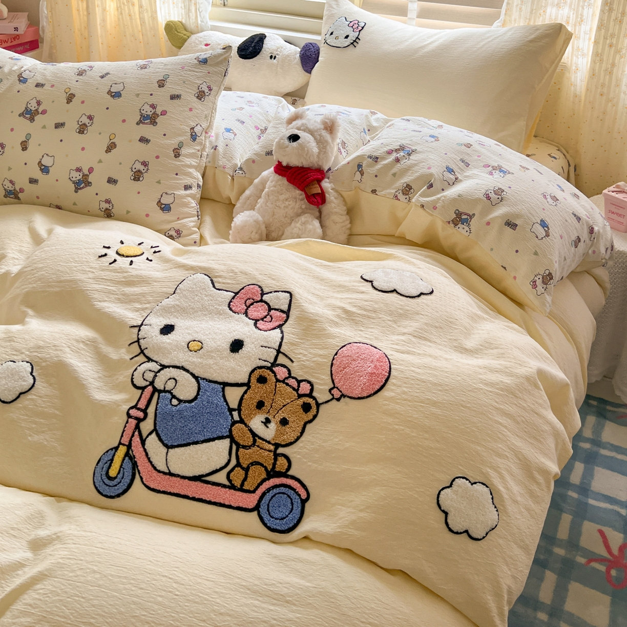 91家纺网 家纺一手货源 找家纺 童颜 2025新款三丽鸥正版授权云感木棉a类毛巾绣四件套 滑板KT