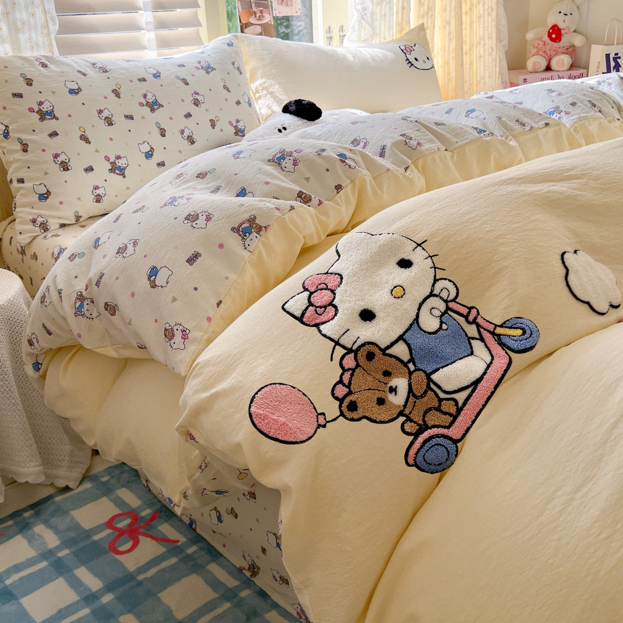 91家纺网 家纺一手货源 找家纺 童颜 2025新款三丽鸥正版授权云感木棉a类毛巾绣四件套 滑板KT