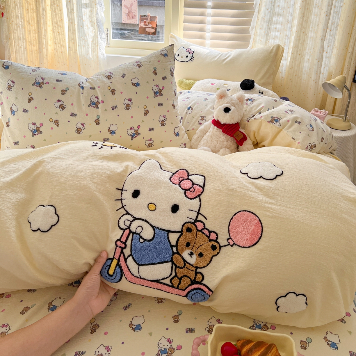 91家纺网 家纺一手货源 找家纺 童颜 2025新款三丽鸥正版授权云感木棉a类毛巾绣四件套 滑板KT