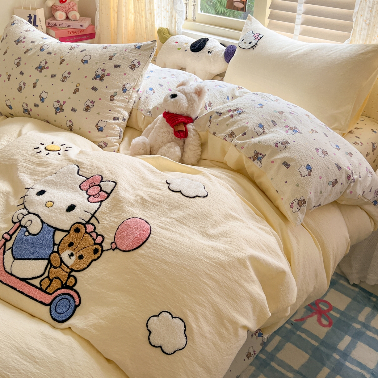 91家纺网 家纺一手货源 找家纺 童颜 2025新款三丽鸥正版授权云感木棉a类毛巾绣四件套 滑板KT