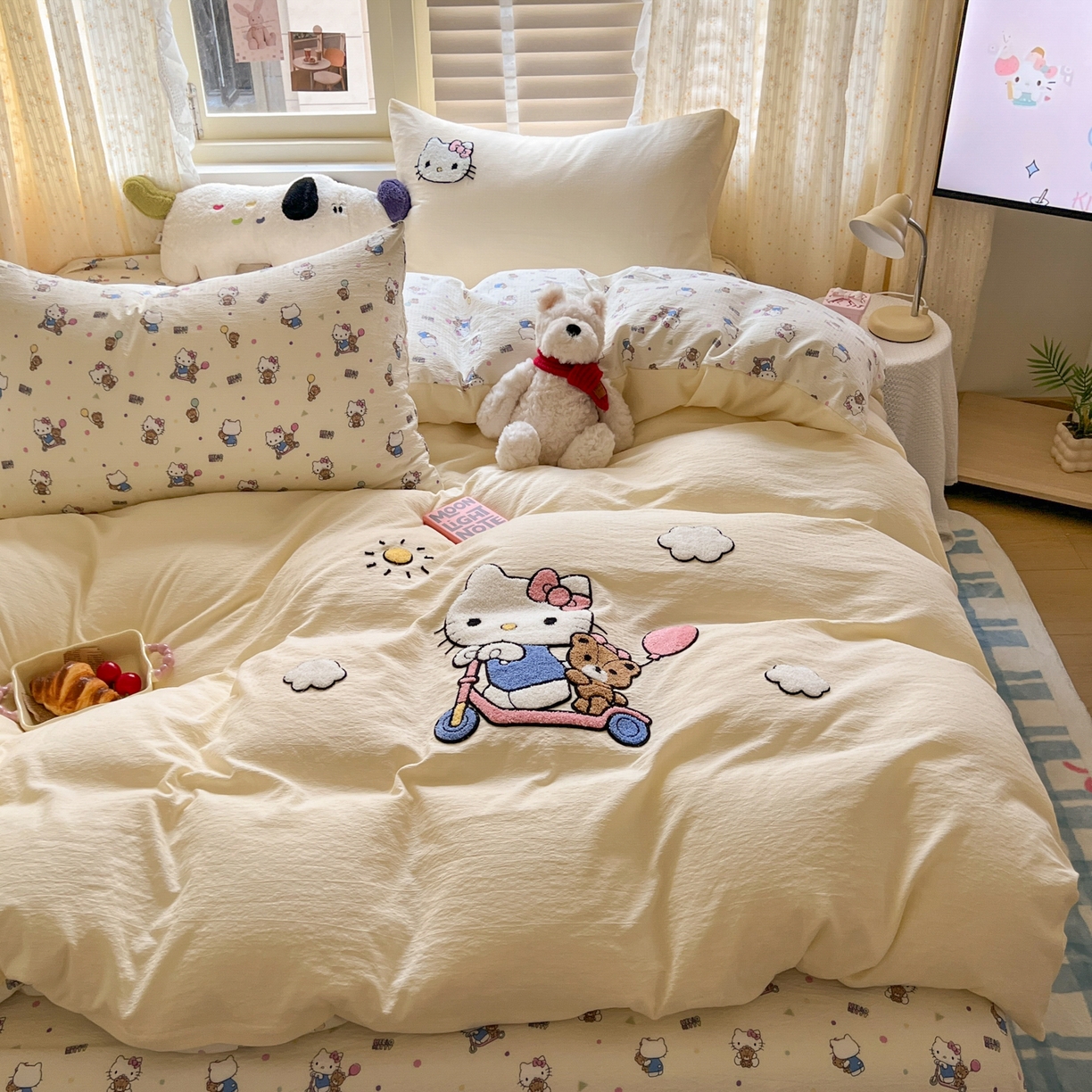 91家纺网 家纺一手货源 找家纺 童颜 2025新款三丽鸥正版授权云感木棉a类毛巾绣四件套 滑板KT