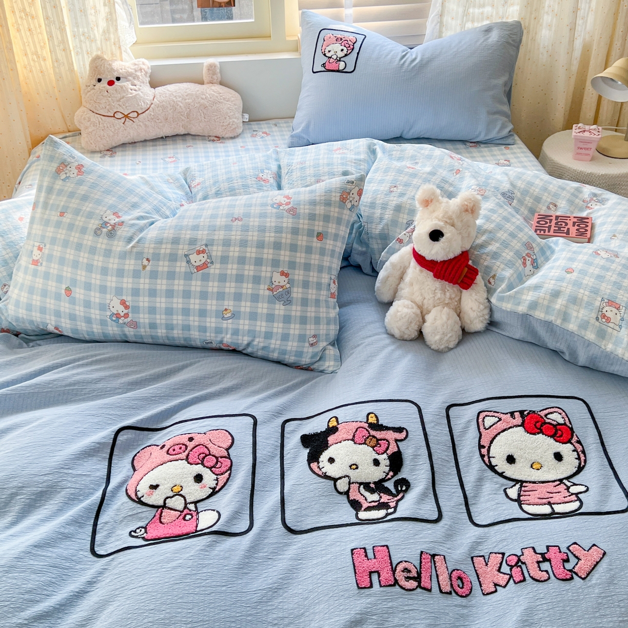 91家纺网 家纺一手货源 找家纺 童颜 2025新款三丽鸥正版授权云感木棉a类毛巾绣四件套 萌趣KT