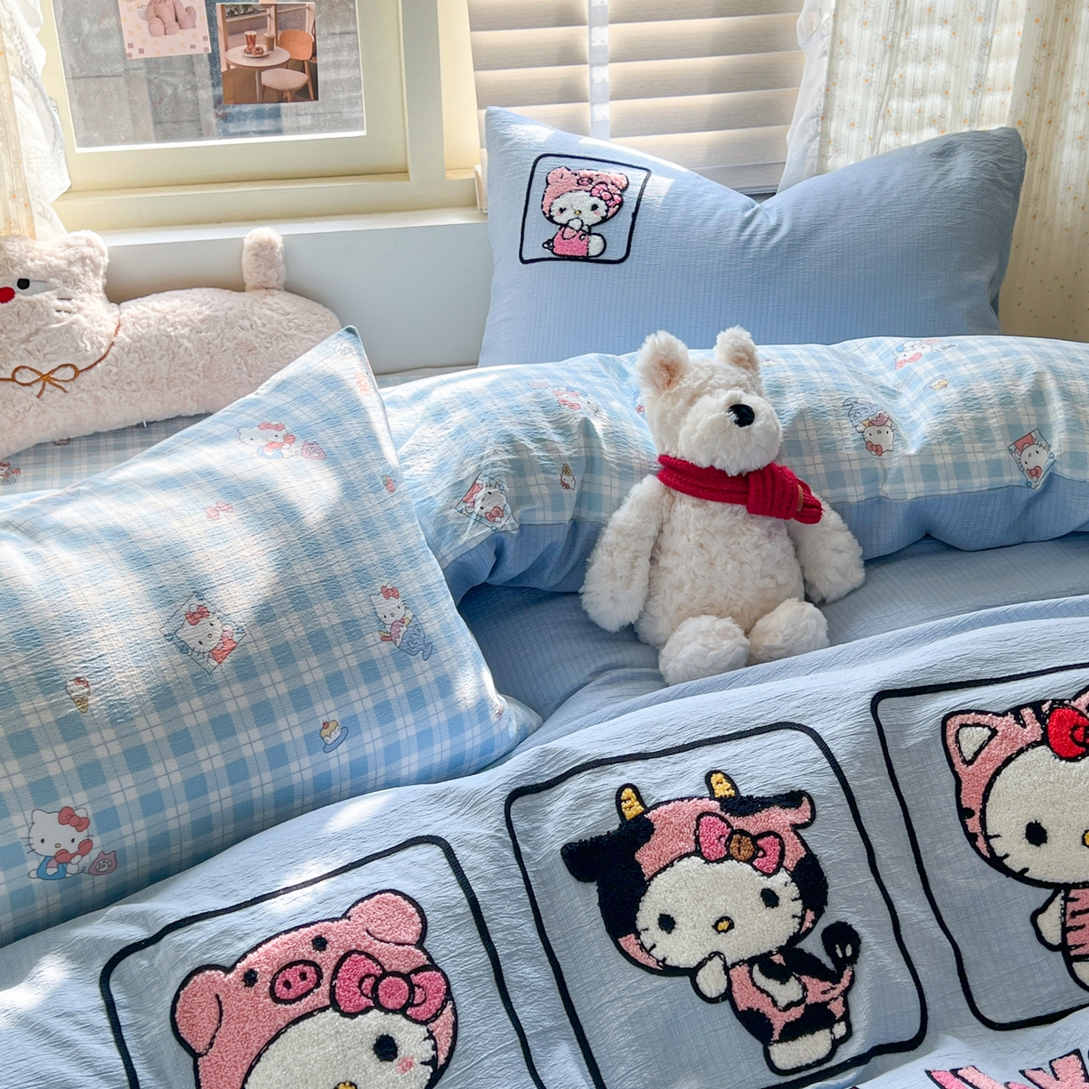 91家纺网 家纺一手货源 找家纺 童颜 2025新款三丽鸥正版授权云感木棉a类毛巾绣四件套 萌趣KT