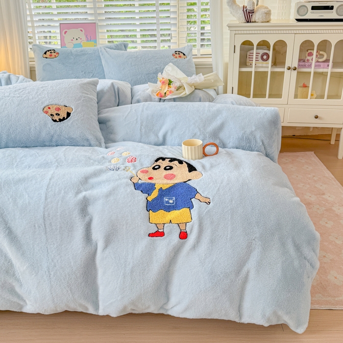 91家纺网 家纺一手货源 找家纺 云木里 2025新款兔绒卡通刺绣手工四件套 兔绒 小新蓝