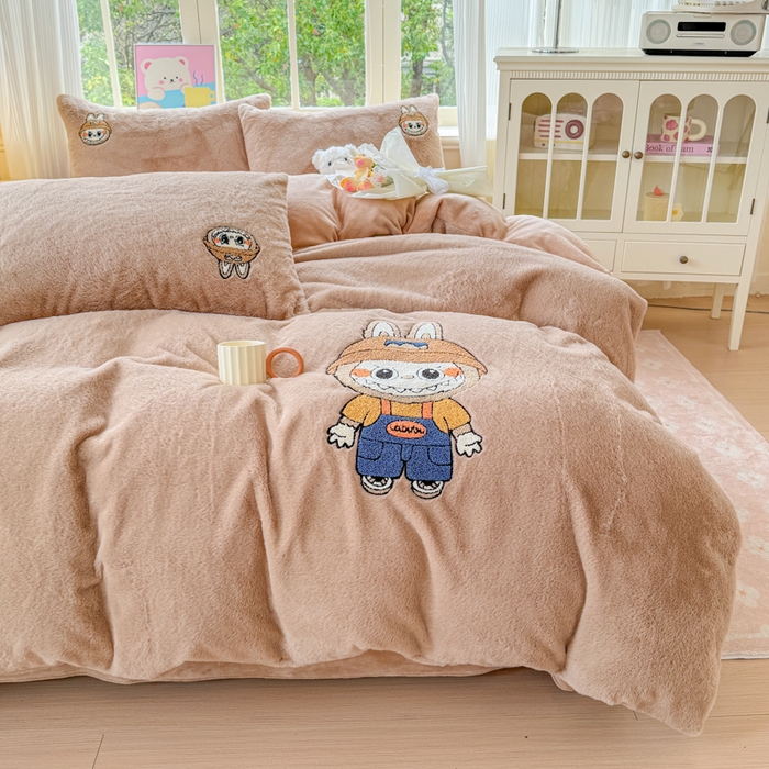 云木里 2025新款兔绒卡通刺绣手工四件套 兔绒 拉布布-卡其