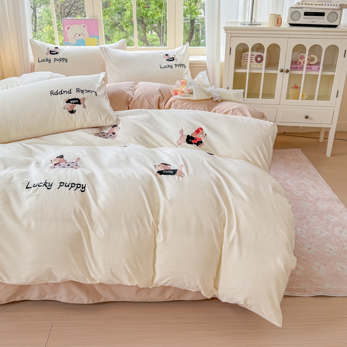 云木里 2025新款兔绒卡通刺绣手工四件套 兔绒 腊肠狗-杏