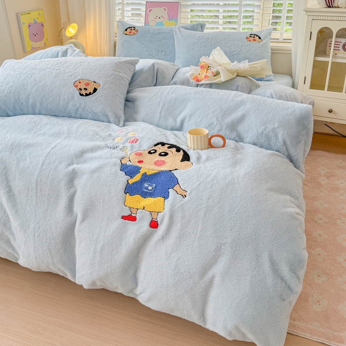 91家纺网 家纺一手货源 找家纺 云木里 2025新款兔绒卡通刺绣手工四件套 兔绒 小新蓝