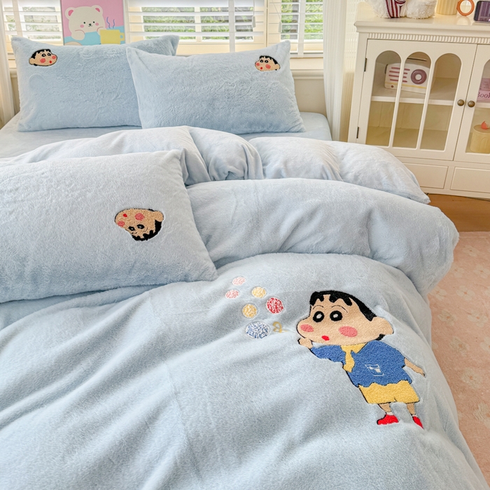 91家纺网 家纺一手货源 找家纺 云木里 2025新款兔绒卡通刺绣手工四件套 兔绒 小新蓝