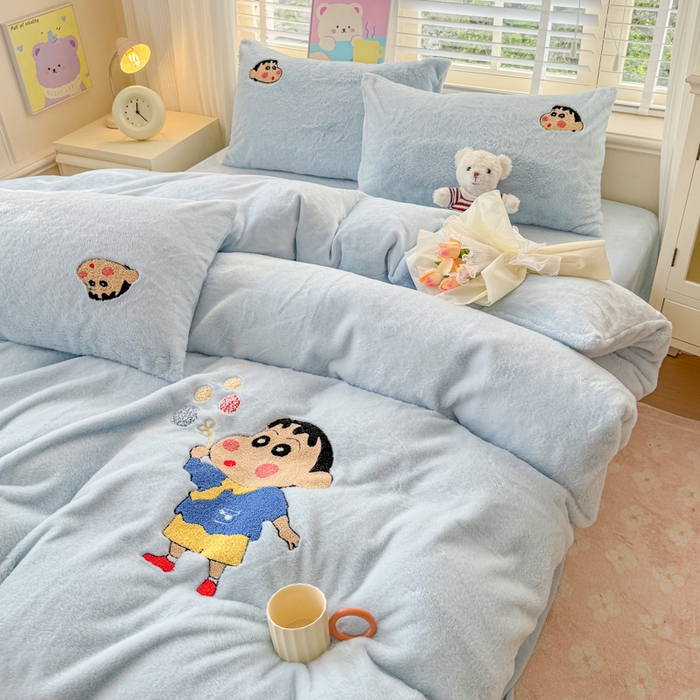 91家纺网 家纺一手货源 找家纺 云木里 2025新款兔绒卡通刺绣手工四件套 兔绒 小新蓝