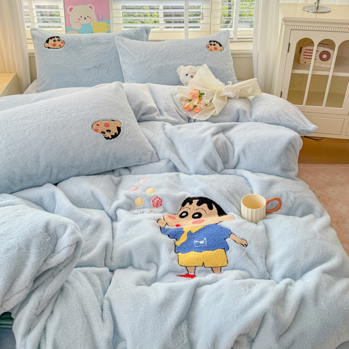 91家纺网 家纺一手货源 找家纺 云木里 2025新款兔绒卡通刺绣手工四件套 兔绒 小新蓝