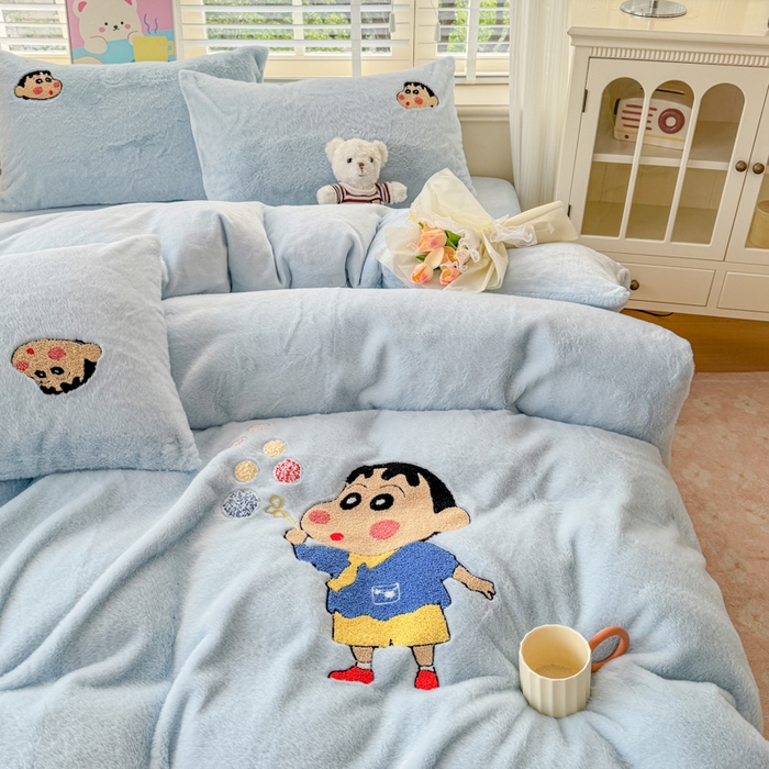 91家纺网 家纺一手货源 找家纺 云木里 2025新款兔绒卡通刺绣手工四件套 兔绒 小新蓝