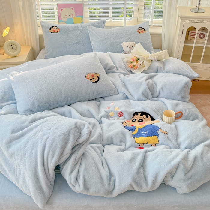 91家纺网 家纺一手货源 找家纺 云木里 2025新款兔绒卡通刺绣手工四件套 兔绒 小新蓝