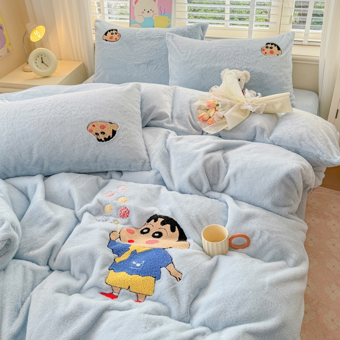 91家纺网 家纺一手货源 找家纺 云木里 2025新款兔绒卡通刺绣手工四件套 兔绒 小新蓝