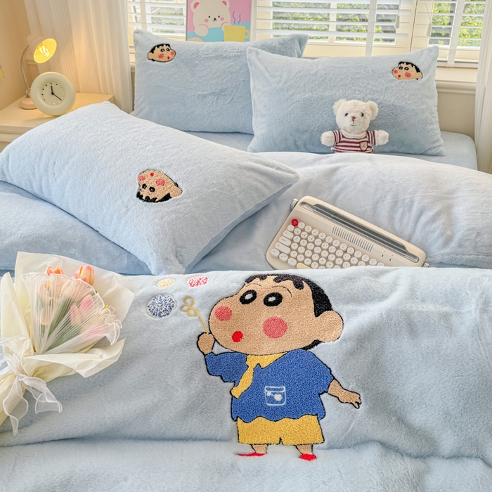 91家纺网 家纺一手货源 找家纺 云木里 2025新款兔绒卡通刺绣手工四件套 兔绒 小新蓝