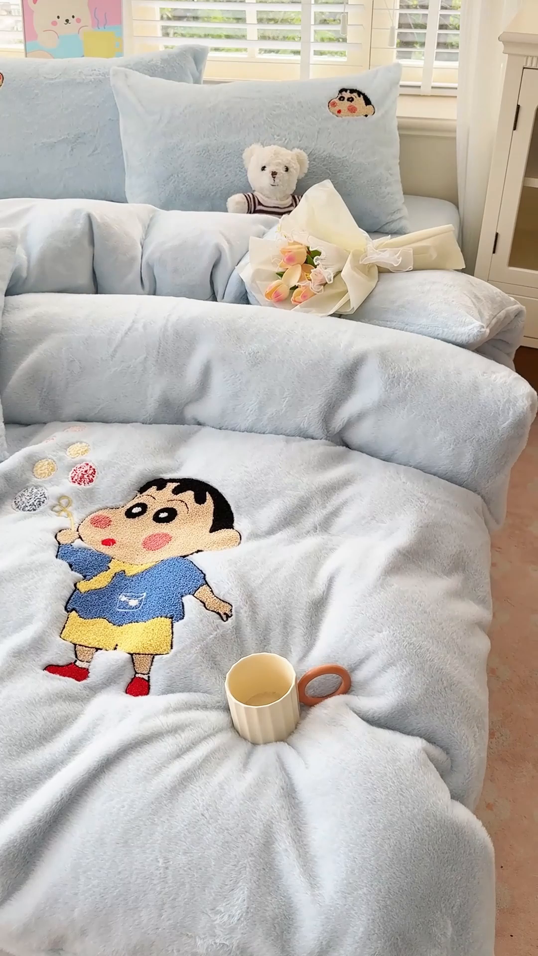 91家纺网 家纺一手货源 找家纺 云木里 2025新款兔绒卡通刺绣手工四件套 兔绒 小新蓝