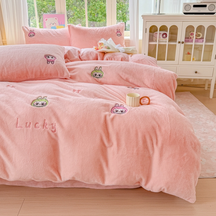 云木里 2025新款兔绒卡通刺绣手工四件套 兔绒 拉布布-粉