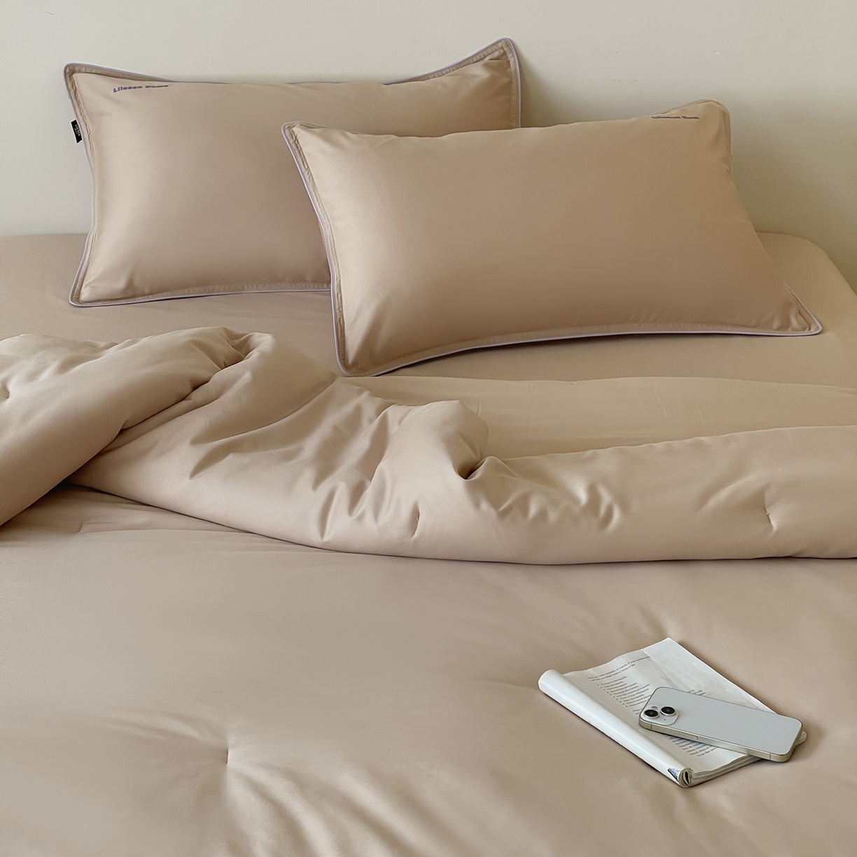 91家纺网 家纺一手货源 找家纺 丽笙被芯 2025新款秋冬亲肤舒适80S超细旦天丝棉微磨毛素色可水洗懒人被-场景二 经典咖