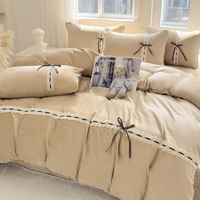 91家纺网 家纺一手货源 找家纺 韩秀家纺 2025新款牛奶绒床盖四件套 咖