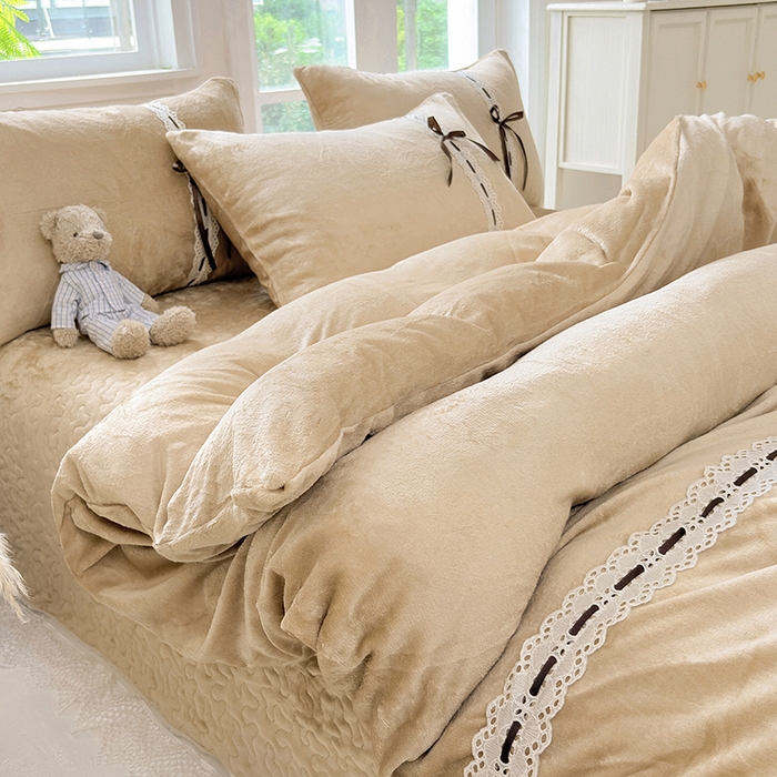 91家纺网 家纺一手货源 找家纺 韩秀家纺 2025新款牛奶绒床盖四件套 咖