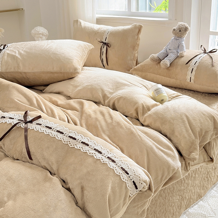 91家纺网 家纺一手货源 找家纺 韩秀家纺 2025新款牛奶绒床盖四件套 咖