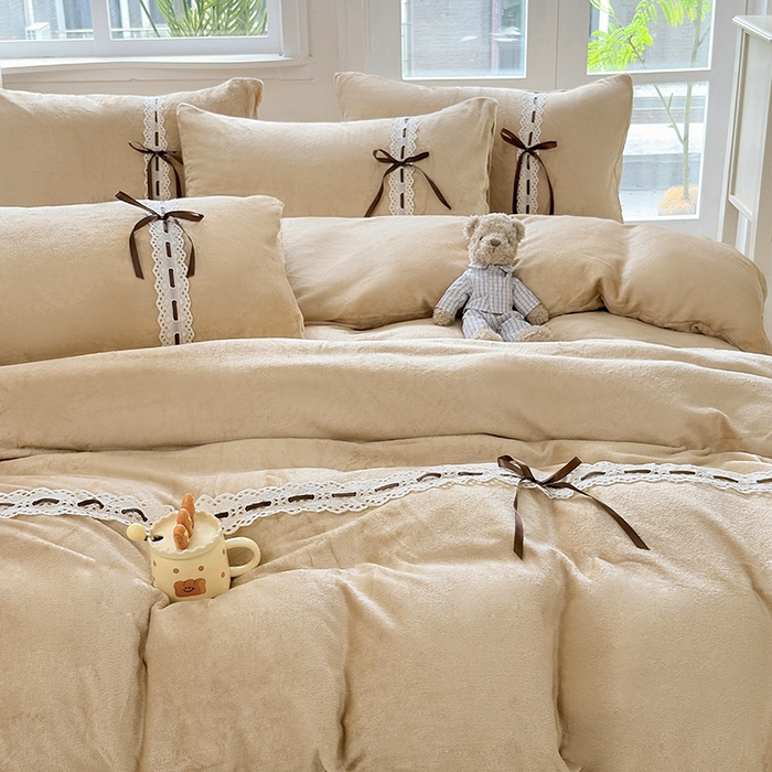 91家纺网 家纺一手货源 找家纺 韩秀家纺 2025新款牛奶绒床盖四件套 咖