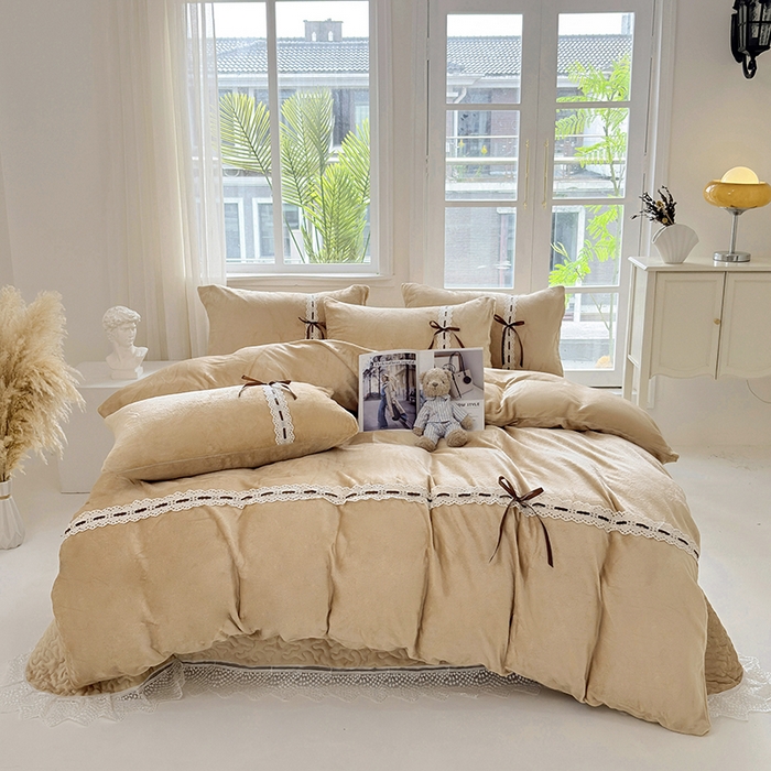 91家纺网 家纺一手货源 找家纺 韩秀家纺 2025新款牛奶绒床盖四件套 咖