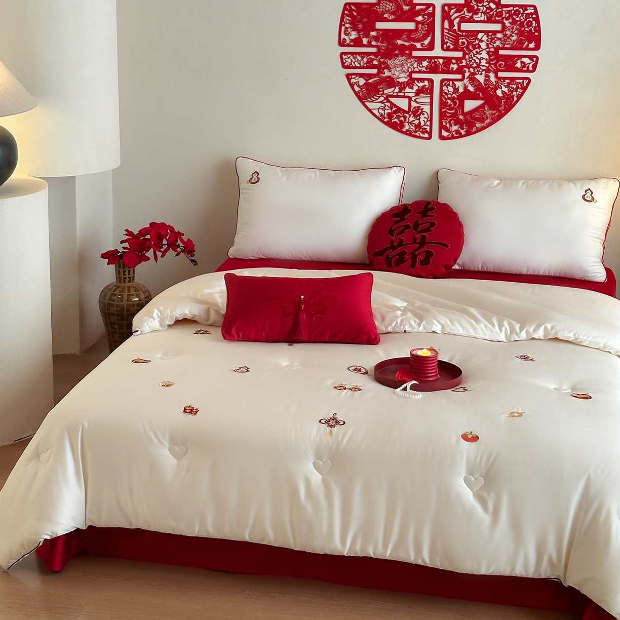 91家纺网 家纺一手货源 找家纺 江涞 2025新款50S贡缎大豆抑菌婚庆喜被被子被芯 福来-大豆被