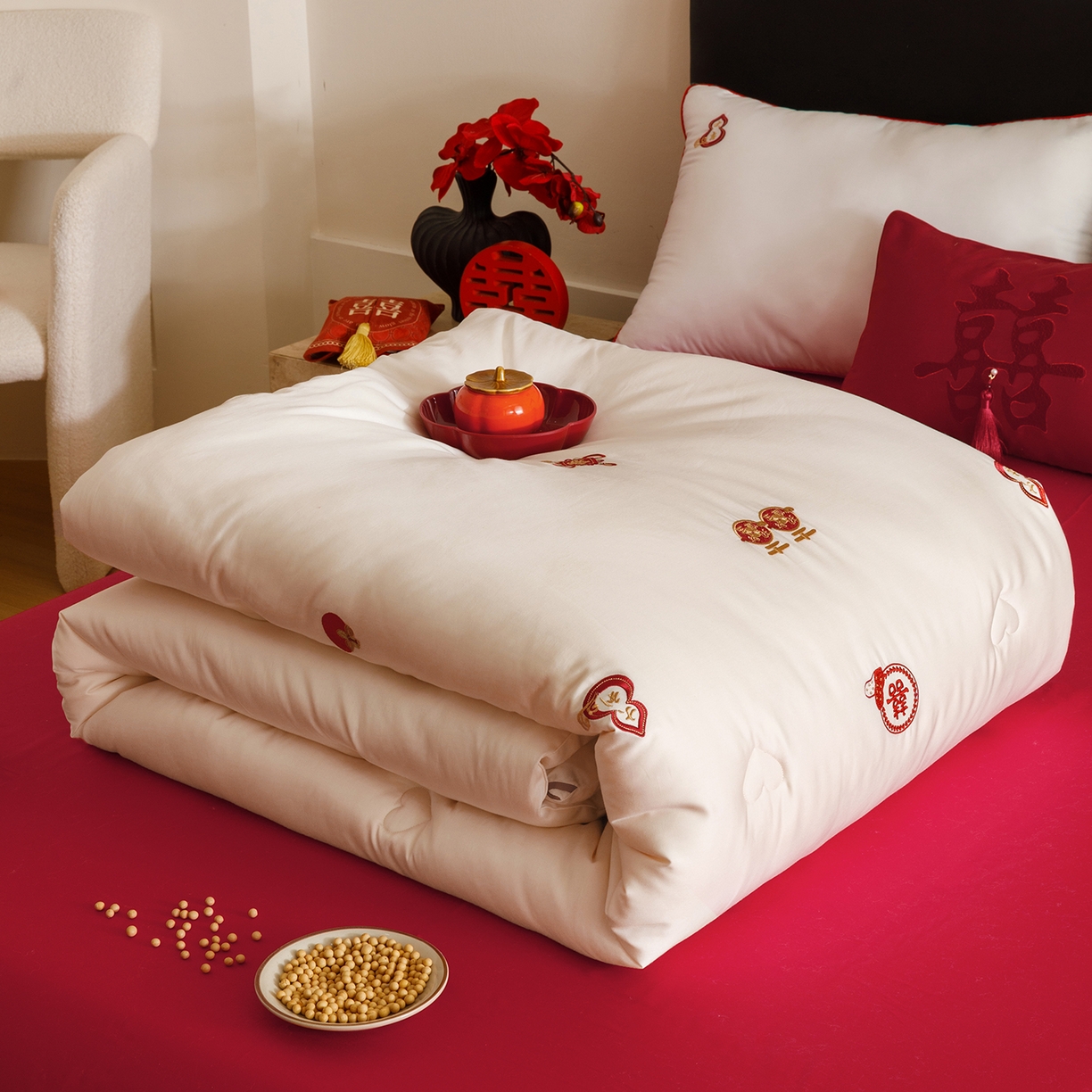 91家纺网 家纺一手货源 找家纺 江涞 2025新款50S贡缎大豆抑菌婚庆喜被被子被芯 福来-大豆被