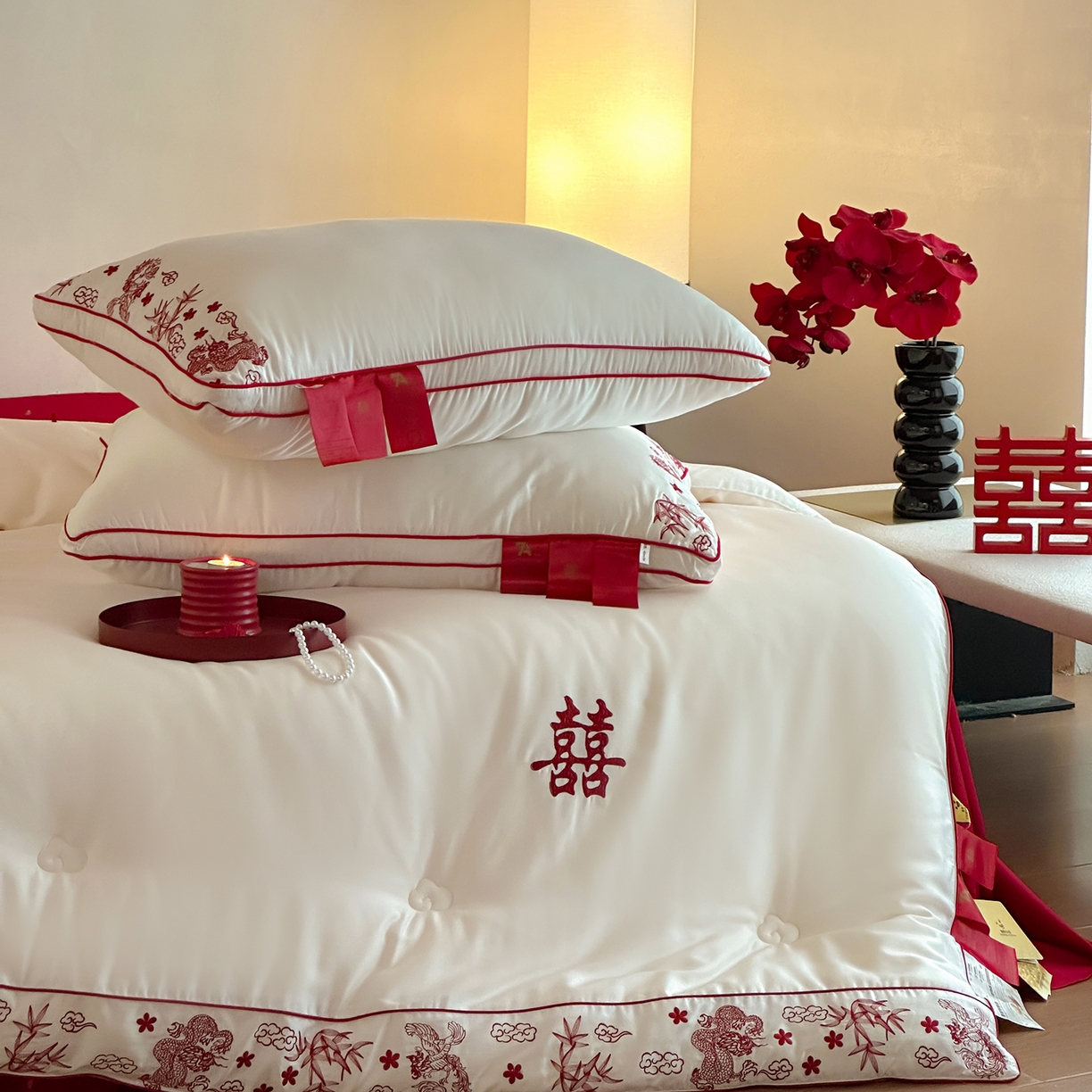 91家纺网 家纺一手货源 找家纺 江涞 2025新款50S贡缎大豆抑菌婚庆喜被被子被芯 圆满-大豆被